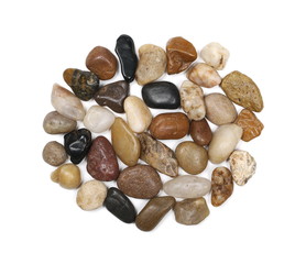 Wall Mural - Colorful, decorative pebbles, rocks isolated on white background, top view