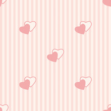 Seamless Vertical Stripe Pattern With Pink Hearts, Pastel Pale Colors. Vector Abstract Background, Design For Fabric, Textile, Fashion, Wedding Design, Gift Wrapping Paper; Happy Valentine Day.