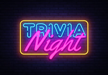 Trivia Night Neon Sign Vector. Quiz Time Design Template Neon Sign, Light Banner, Neon Signboard, Nightly Bright Advertising, Light Inscription. Vector Illustration