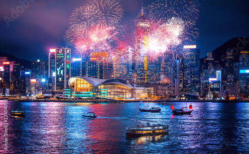 Obraz Dibond Pokaz sztucznych ogni w Hongkongu Victoria Harbour