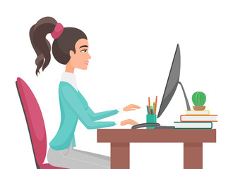 Poster - Young pretty woman works in office. Girl sitting at the table front side view vector illustration.