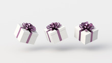 White Gift Boxes With Purple Ribbon, On White Background. Concept For Women And Holidays. 3D Rendering