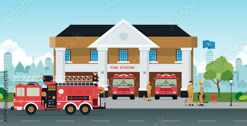 Fotomural Staff and fire trucks are in front of the station.