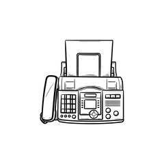 Wall Mural - Fax machine with a sheet of paper hand drawn outline doodle icon. Business communication technology concept. Vector sketch illustration for print, web, mobile and infographics on white background.