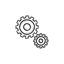 Set Of Two Gears Hand Drawn Outline Doodle Icon. Mechanics And Cogs, Engineering And Mechanism Concept. Vector Sketch Illustration For Print, Web, Mobile And Infographics On White Background.