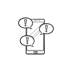 Canvas Print - Mobile phone and text message with exclamation point hand drawn outline doodle icon. Social networking concept. Vector sketch illustration for print, web, mobile and infographics on white background.