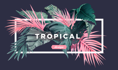 Wall Mural - Bright tropical background with jungle plants. Exotic pattern with palm leaves. Vector illustration