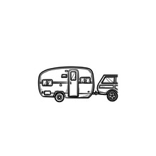 Camper And Car Hand Drawn Outline Doodle Icon. Caravan Vacation And Trip, Travel Trailer, Recreation Concept. Vector Sketch Illustration For Print, Web, Mobile And Infographics On White Background.
