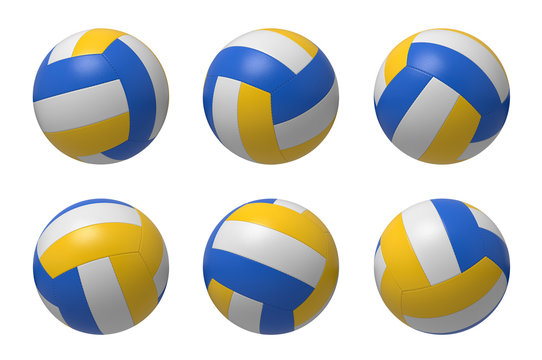 3d rendering of several colorful volleyball balls hanging on a white background.