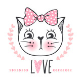 Fototapeta Kwiaty - Cute cat vector design. Girly kittens. Fashion Cat's face.