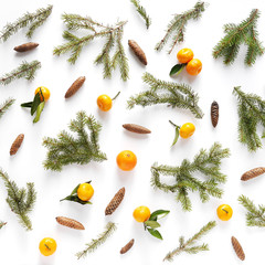 Wall Mural - Creative flat layout, composition of fir branches, cones and mandarins with leaves, top view.