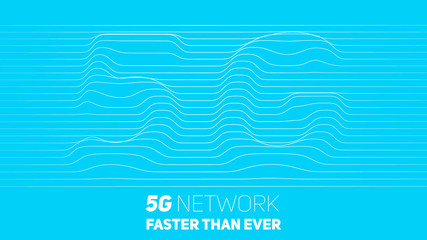 Poster - Vector abstract 5G new wireless internet connection background. Global network high speed network. Abstract 5G symbol with volumetric embossed curly lines on a blue background.