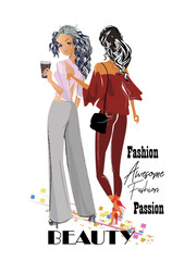 Sticker - Series of Fashion cute girls sketches with accessories. Beautiful women. Hand drawn vector illustration.