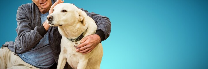 Poster - Composite image of smiling old man sitting stroking his pet dog
