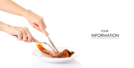 Smoked fish perch on white plate in hands fork and knife pattern on white background isolation