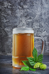 Glass mug of cold beer with foam and hops