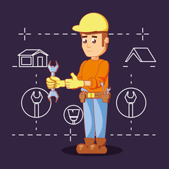 Wall Mural - builder character with home repair icons