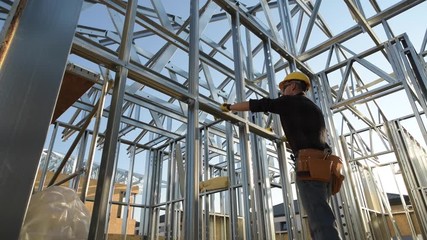 Sticker - Caucasian Construction Worker Enjoying His Newly Made Skeleton Steel Frame Structure