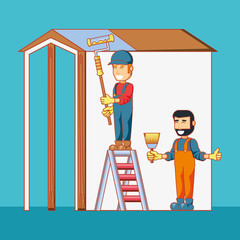 Wall Mural - builders characters with home repair icons