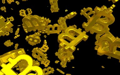 Digital currency symbol Bitcoin on a dark background. Fall of bitcoin. Cryptocurrency graph on virtual screen. Business, Finance and technology concept. 3D illustration