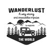 Wanderlust Logo Emblem. Vintage hand drawn black travel badge. Featuring old car riding through the mountains and forest. Included custom quote about wander. Stock vector hike insignia