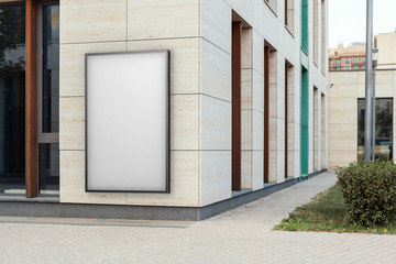 Wall Mural - Blank white outdoor banner at bright modern building wall, 3d rendering.