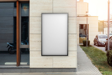 Wall Mural - Blank white outdoor banner at bright modern building wall, 3d rendering.