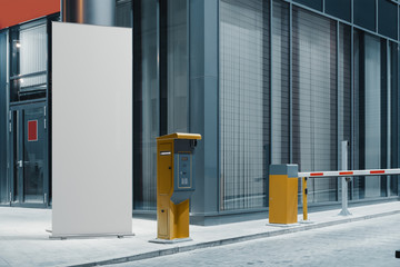 Blank roll up at street next to modern building at night time, 3d rendering.