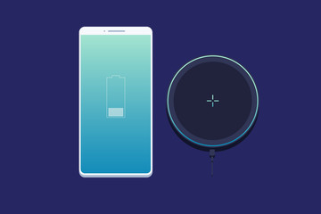 Wireless charger for smartphone. Modern technologies. Low-charge image on mobile phone screen. Vector illustration.