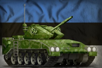 light tank apc with pixel summer camouflage on the Estonia national flag background. 3d Illustration