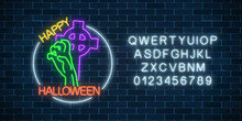 Glowing Neon Sign Of Halloween Banner With Bony Hand From Grave And Alphabet. Bright Halloween Night Scary Sign