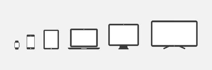 Device Icons: smartwatch, smartphone, tablet, laptop, desktop computer and tv. Vector illustration, flat design