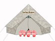 Besucher auf dem Festival in Wacken beim Camping, Zelt mit Füßen und Schild, Freisteller, weißer Hintergrund