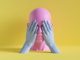 3d render, female mannequin head, eyes closed by hands, blind concept, isolated object, minimal fashion background, shop display, pink blue yellow pastel colors