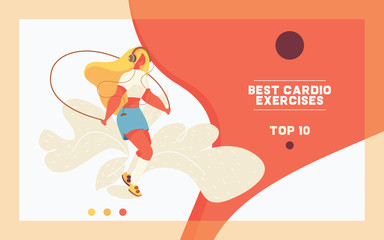 Wall Mural - Concept template of landing page for sport and workout. Young oversized girl jumping with skipping rope. Flat style character in bright modern style colors