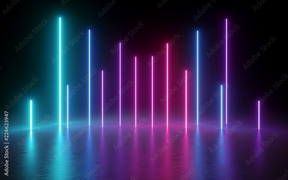 3d render, glowing vertical lines, neon lights, abstract illuminated background, ultraviolet, spectrum vibrant colors, laser show - obrazy, fototapety, plakaty 