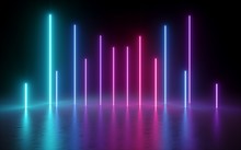 3d Render, Glowing Vertical Lines, Neon Lights, Abstract Illuminated Background, Ultraviolet, Spectrum Vibrant Colors, Laser Show