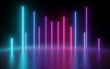 3d render, glowing vertical lines, neon lights, abstract illuminated background, ultraviolet, spectrum vibrant colors, laser show