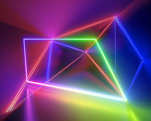 3d render, spectrum neon lights, fashion style, glowing lines, rainbow, laser show, energy rays, syn