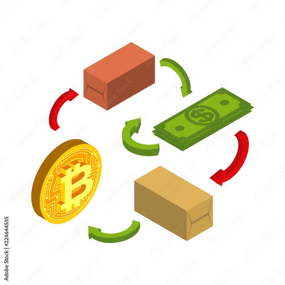 Virtual trade scheme. Bitcoin exchange. Dollar and Crypto currency.  Financial relations. Buy and sell Goods Stock Vector | Adobe Stock