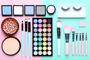 Makeup cosmetics on colorful background