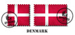 Denmark or danish flag pattern postage stamp with grunge old scratch texture and affix a seal on isolated background . Black color country name with abrasion . Square and rectangle shape . Vector