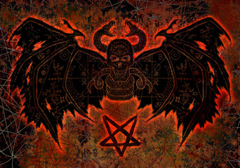 Devil demon with bloody silhouette and pentagram on texture background. Esoteric, occult and Halloween concept, illustration with mystic symbols and sacred geometry