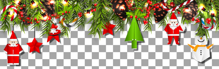 Wall Mural - christmas border (weihnachten girlande) with fir branches, pine cones, holly, and string lights. mer