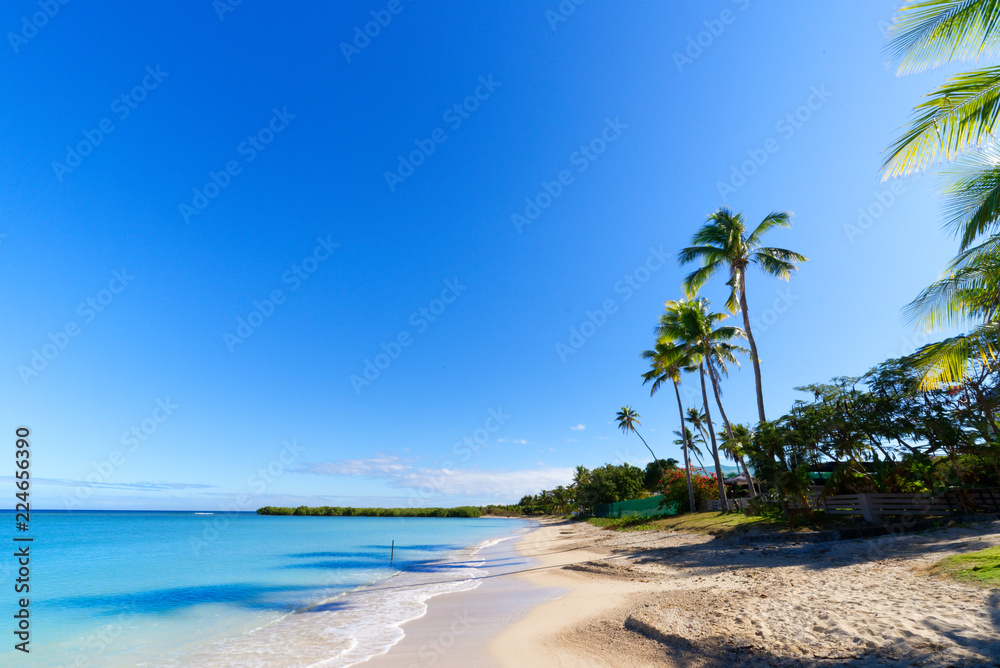 White sandy beach on a small Pacific Island - obrazy, fototapety, plakaty 