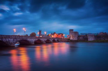 Beautiful panoramic view over medieval King John's Castle and River Shannon in Limerick city, Republic of Ireland