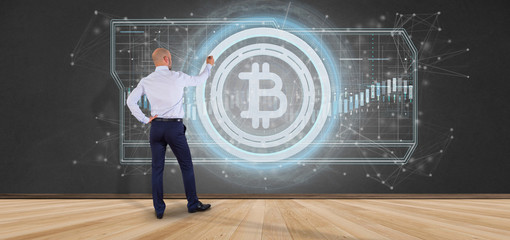 Poster - Man holding a technology Bitcoin icon on a circle 3d rendering
