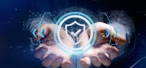 Poster - Man holding a Shield web security concept 3d rendering