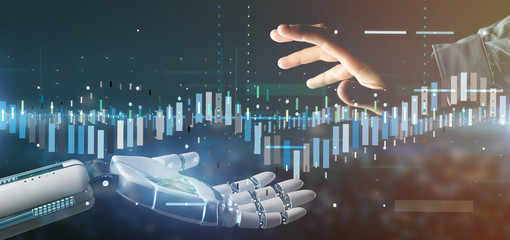 Poster - Cyborg hand holding a Business stock exchange trading data information 3d rendering