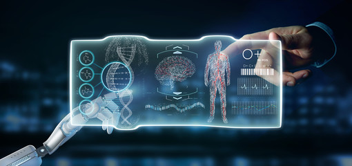 Poster - cyborg hand holding a futuristic template medical interface hud 3d rendering